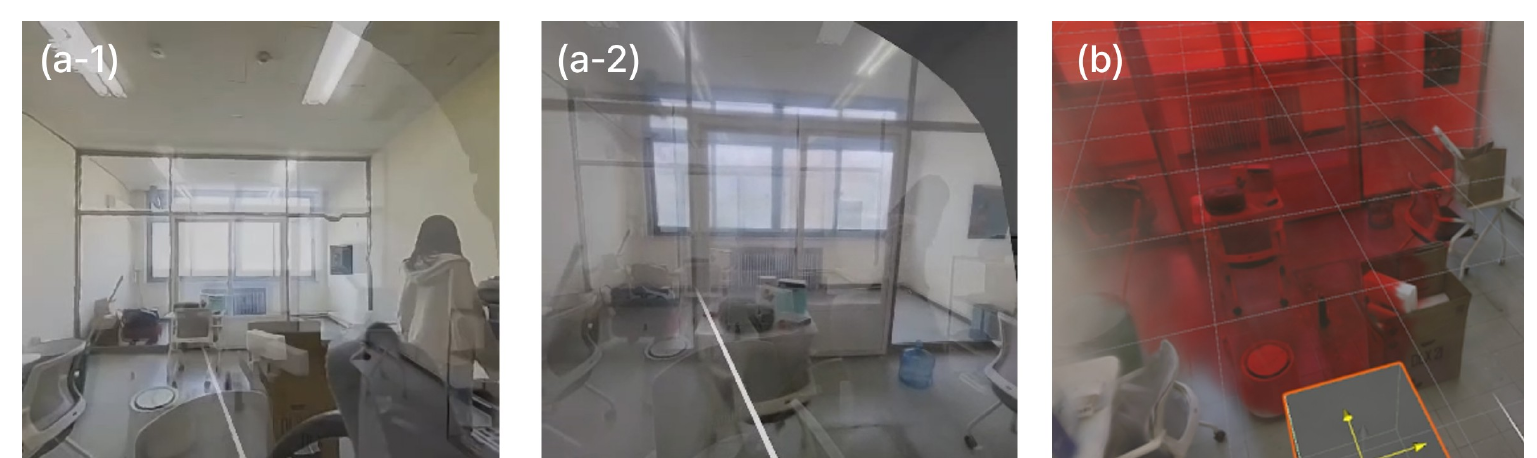 CrossGaussian Unity captures showing layer blending of 360-degree streaming and 3DGS.