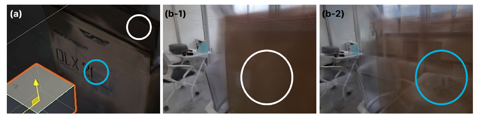 CrossGaussian Unity captures showing occlusion-aware exploration via 3DGS depth.